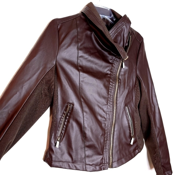 THERAPY women's m faux leather vegan friendly brown asymmetrical zipper jacket - Picture 4 of 12